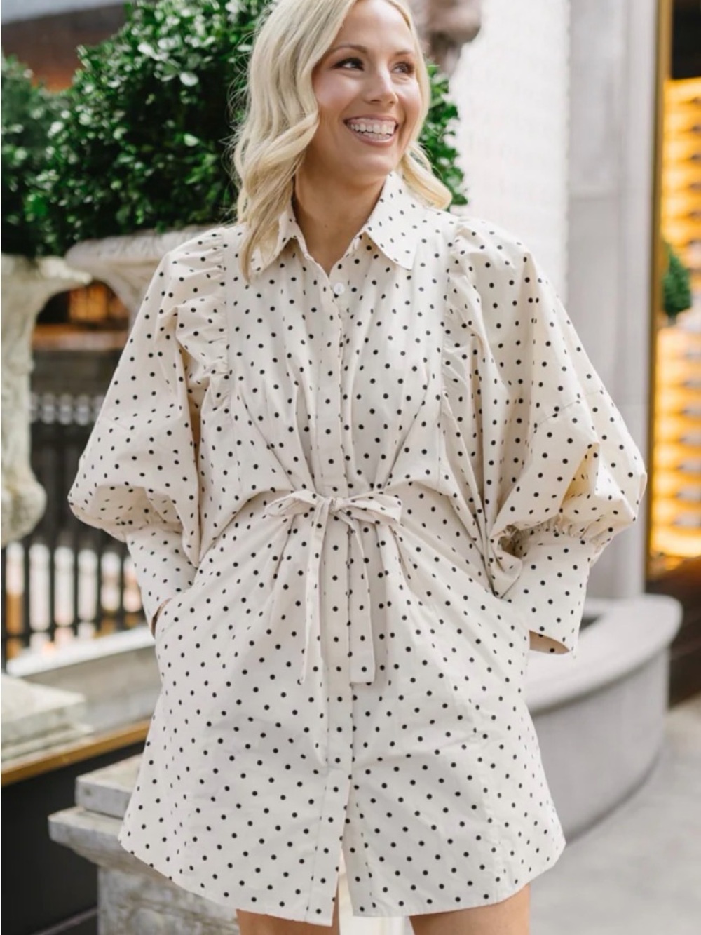 Polka Dot Dress with Statement Sleeves - Cream/Black - Vestique Stefanie dress